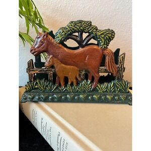 Vintage Cast Iron Horse Napkin Holder Mare Foal Equestrian Farmhouse Kitchen
